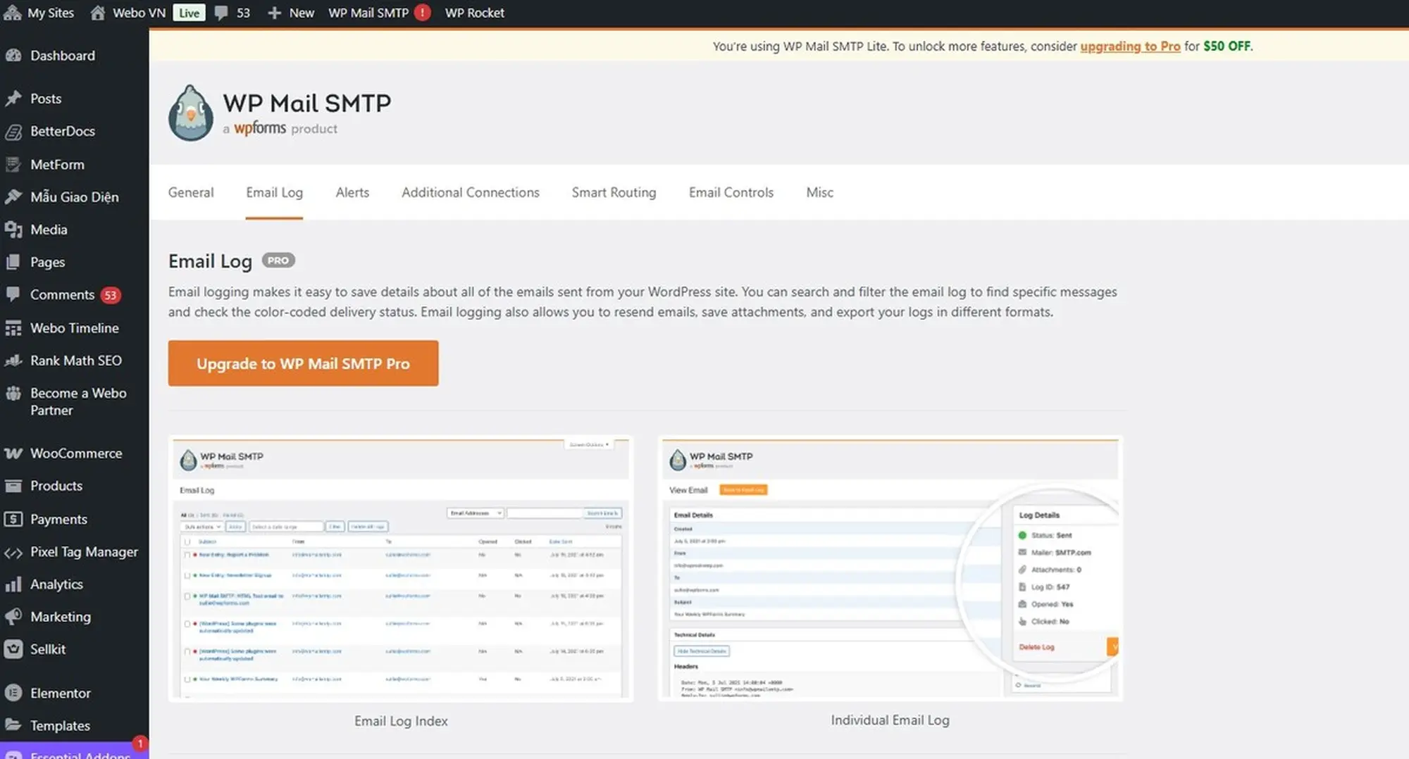 nhật ký của wp mail smtp