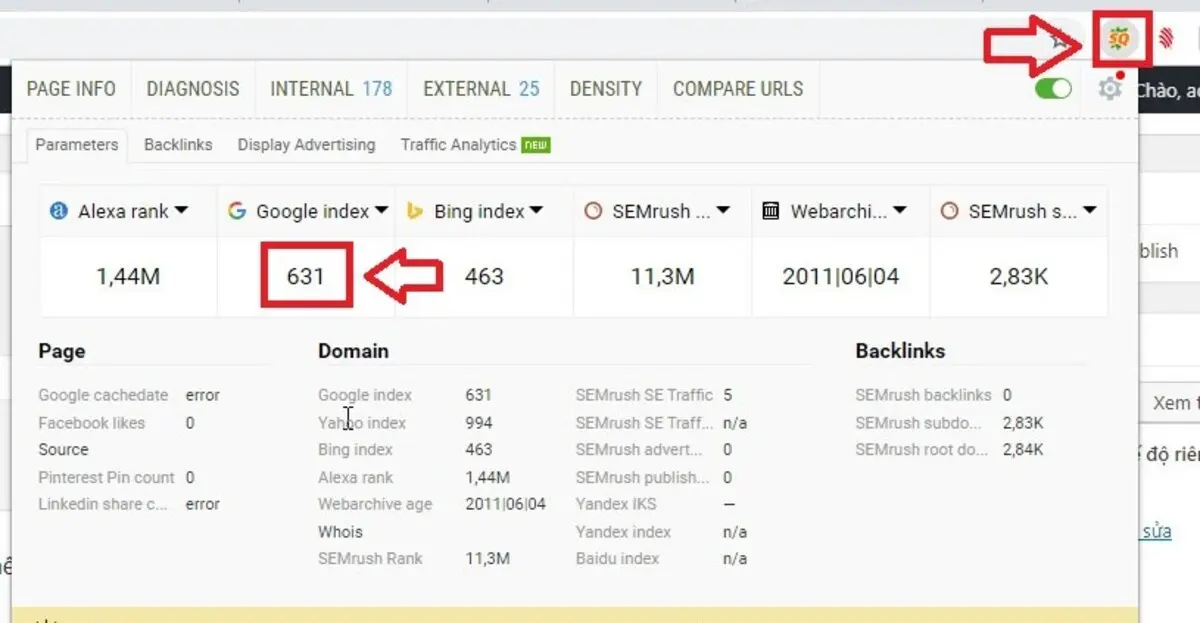 kiểm tra google index bằng cách dùng seoquake