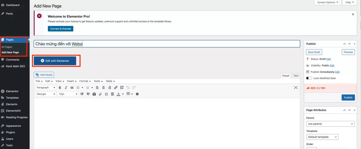 tạo trang và bắt đầu chỉnh sửa với elementor