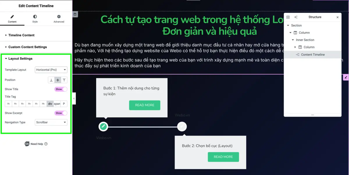 chọn bố cục (layout) dòng thời gian