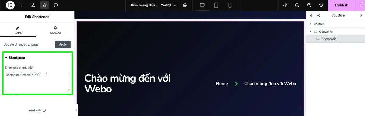 dán shortcode vào vị trí mong muốn