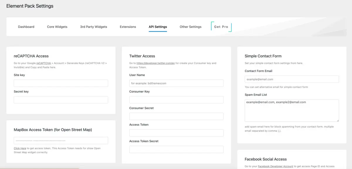 element pack lite api settings