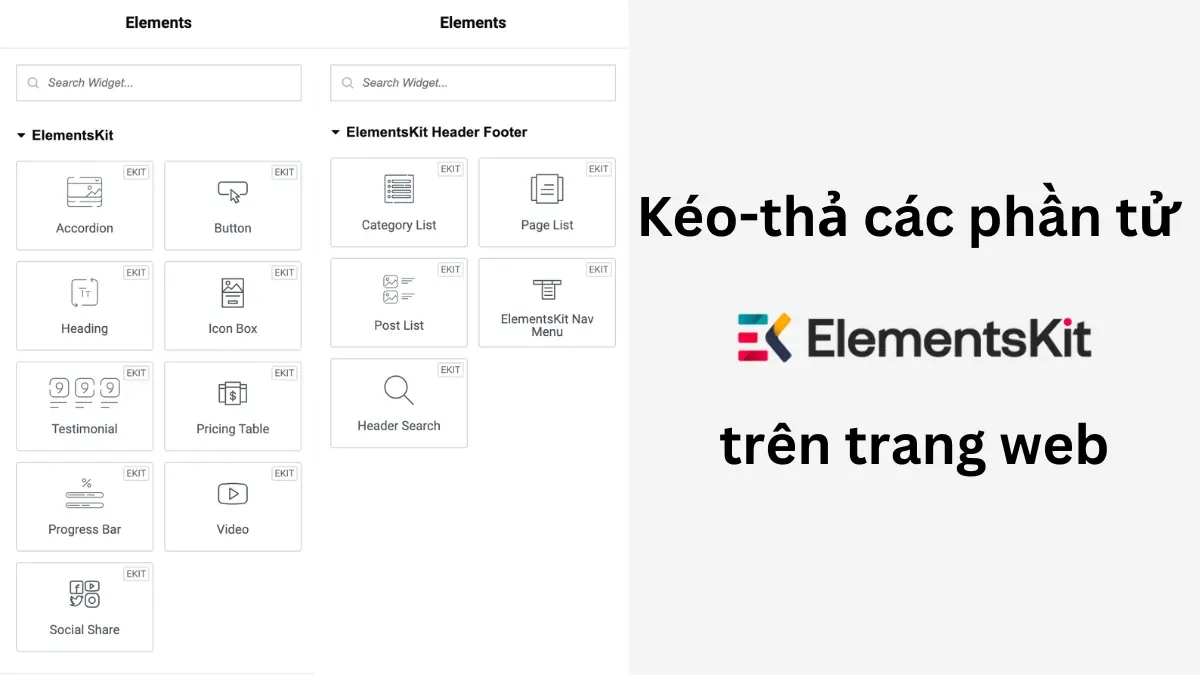 kéo-thả các phần tử elementskit trên trang web