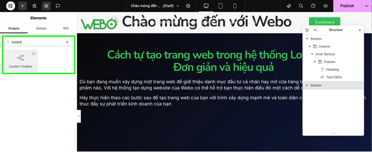 thêm content timeline vào trang chỉnh sửa với elementor