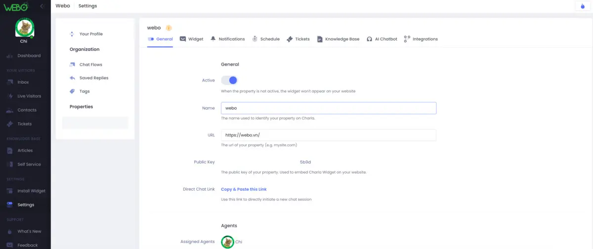 tính năng livechat getcharla