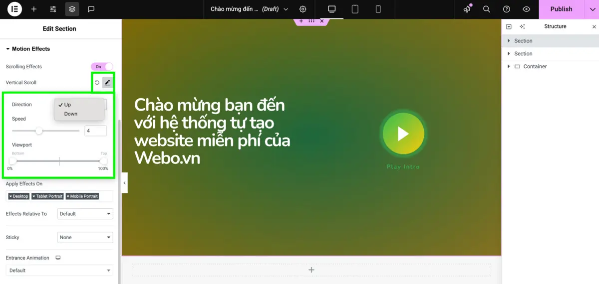 điều chỉnh thông số hiệu ứng scroll effects