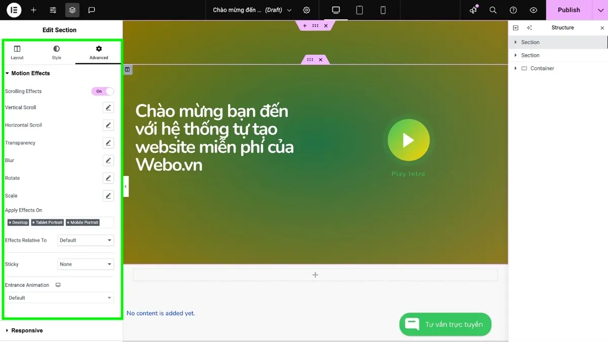 mở phần tử muốn sử dụng scroll effects