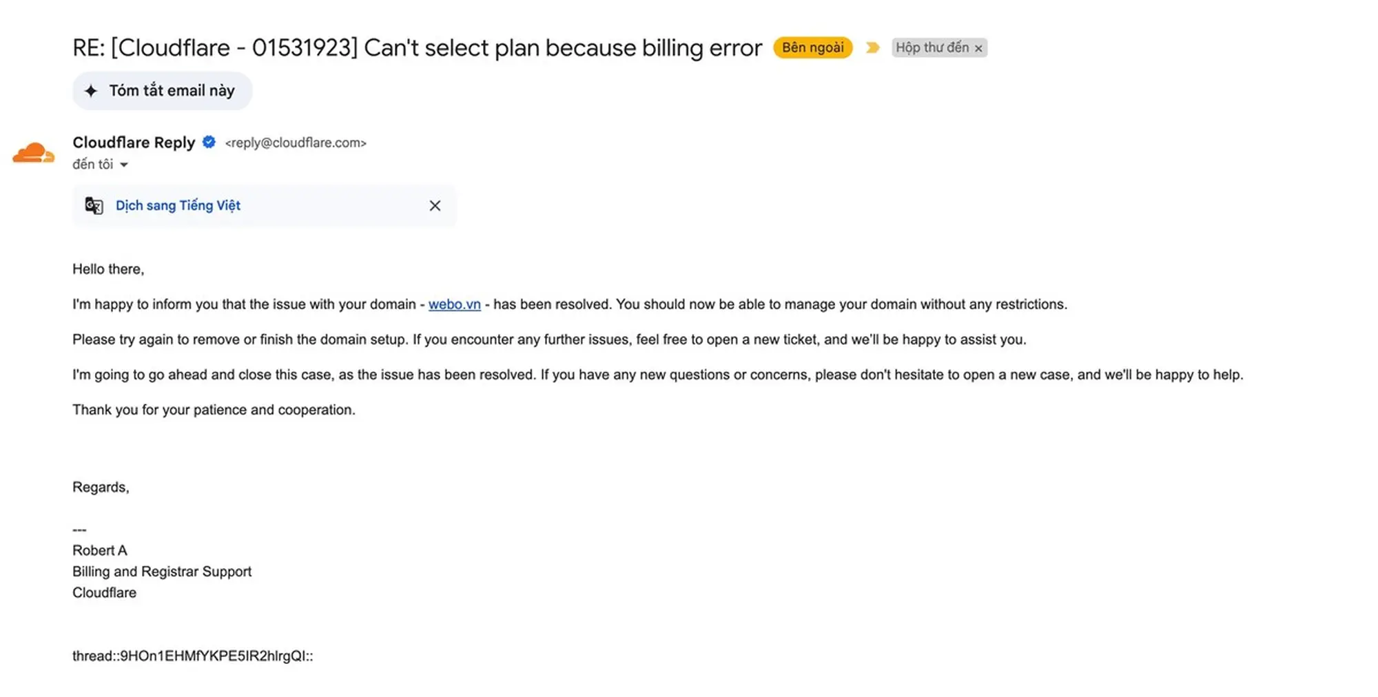 nhận mail phản hồi sửa lỗi sự cố kết nối domain với cloudflare