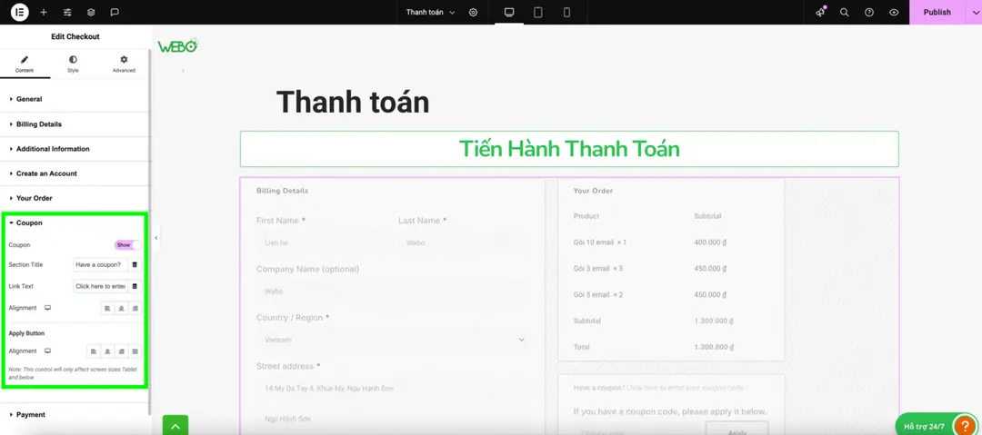 Tuỳ chỉnh cài đặt phiếu giảm giá