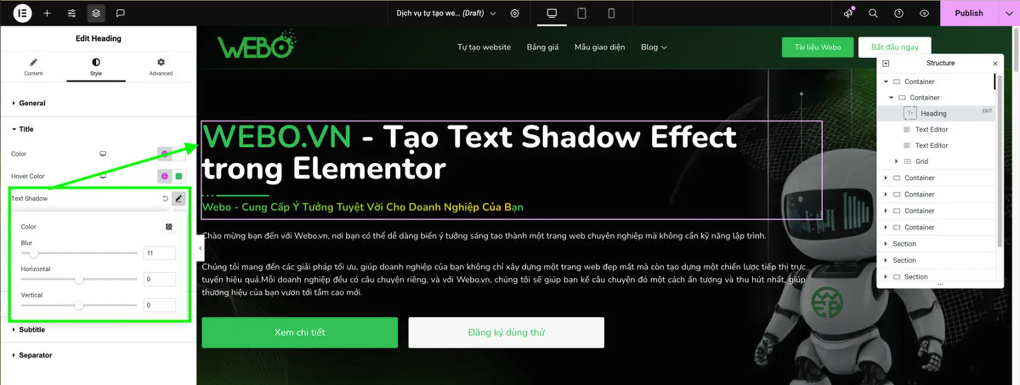 cách thêm hiệu ứng đổ bóng văn bản trong elementor