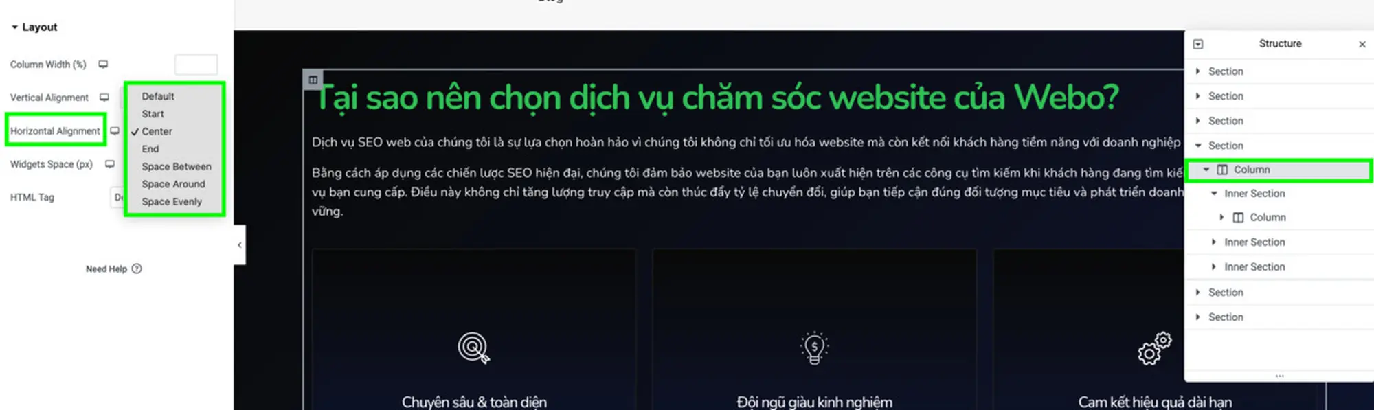 căn chỉnh theo chiều ngang (horizontal alignment)