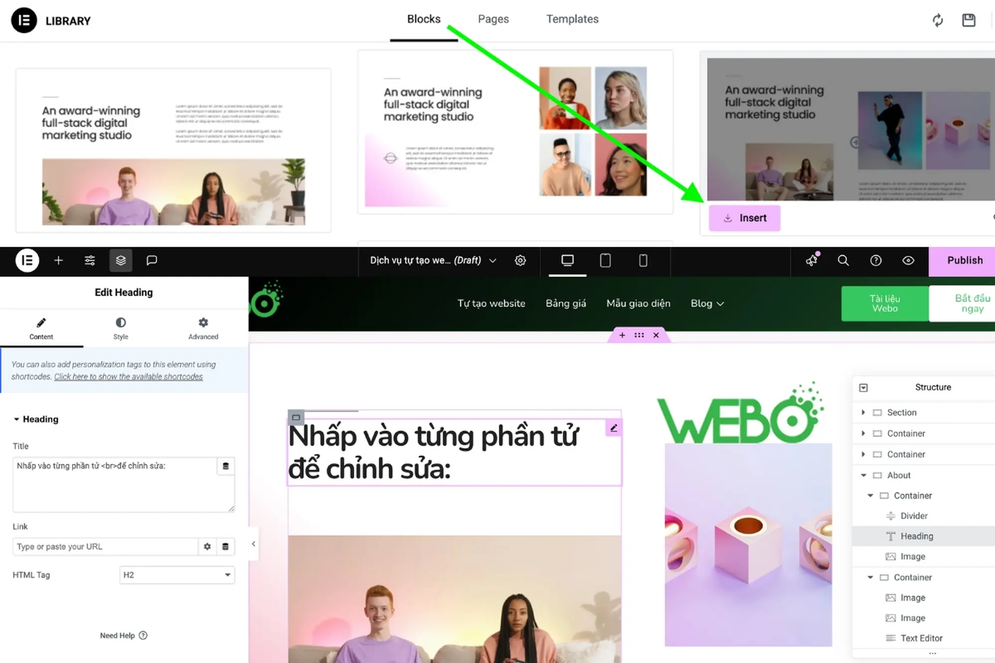chèn block vào trang và chỉnh sửa