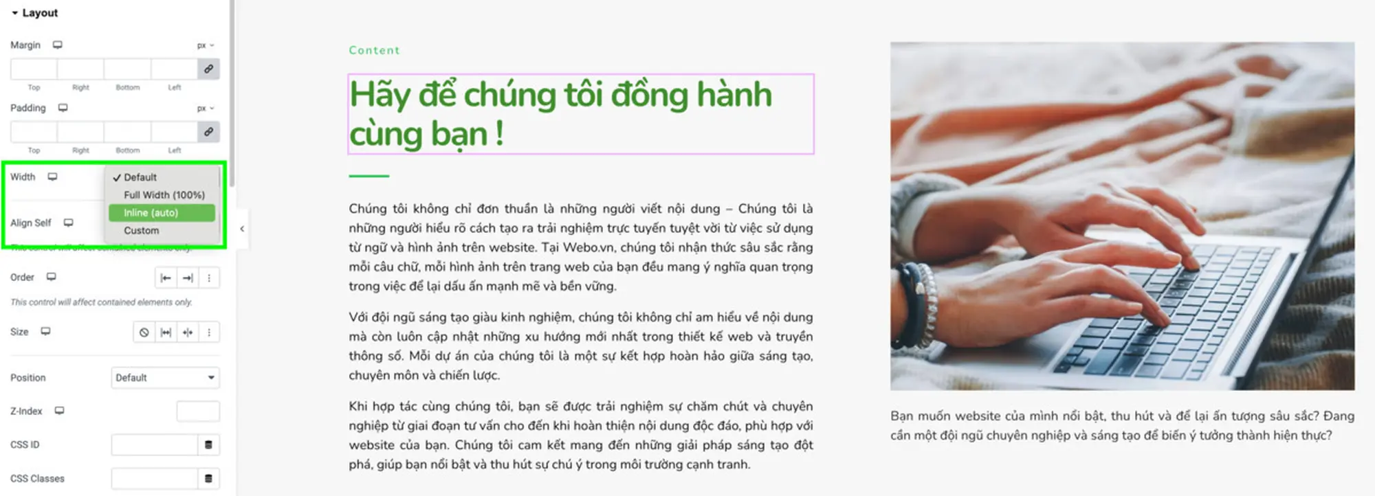 hướng dẫn căn chỉnh chiều rộng widget (widget width)