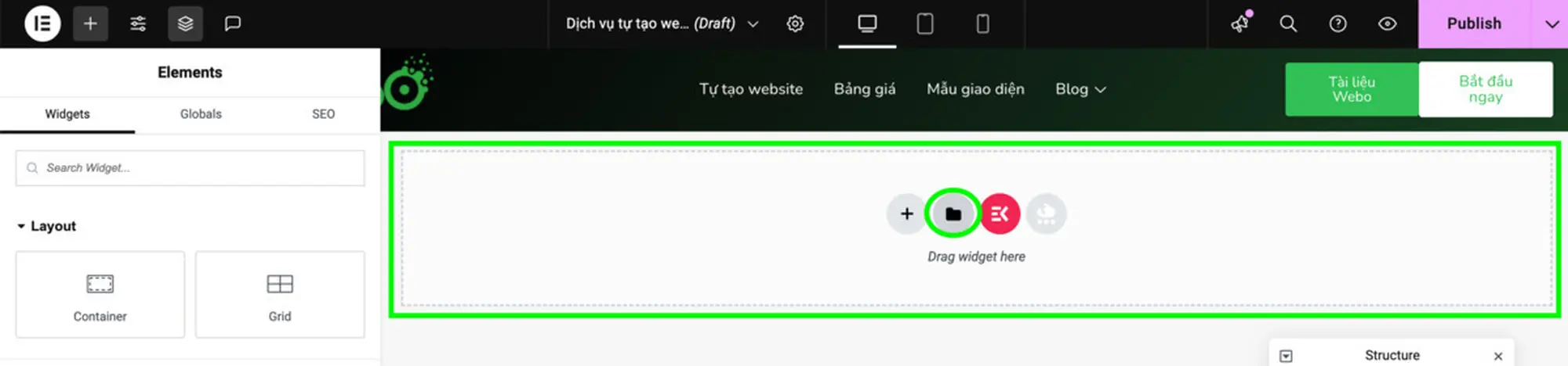 mở thư viện blocks của elementor