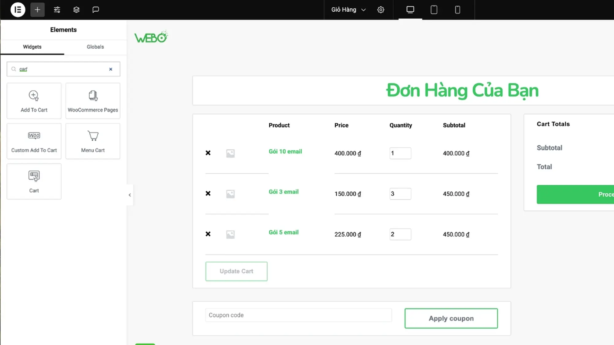 thêm widget thanh toán elementor