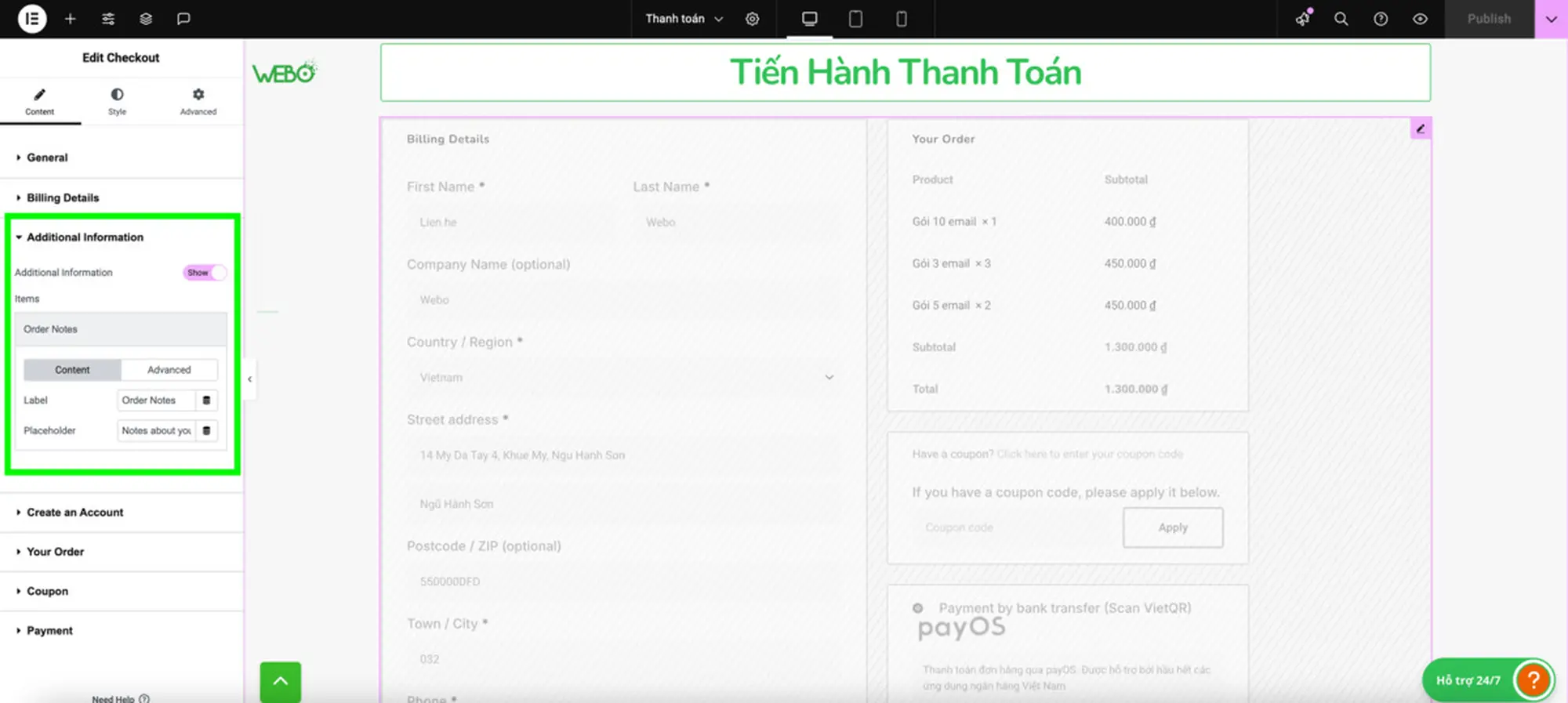 tuỳ chỉnh cài đặt chi tiết thanh toán và vận chuyển