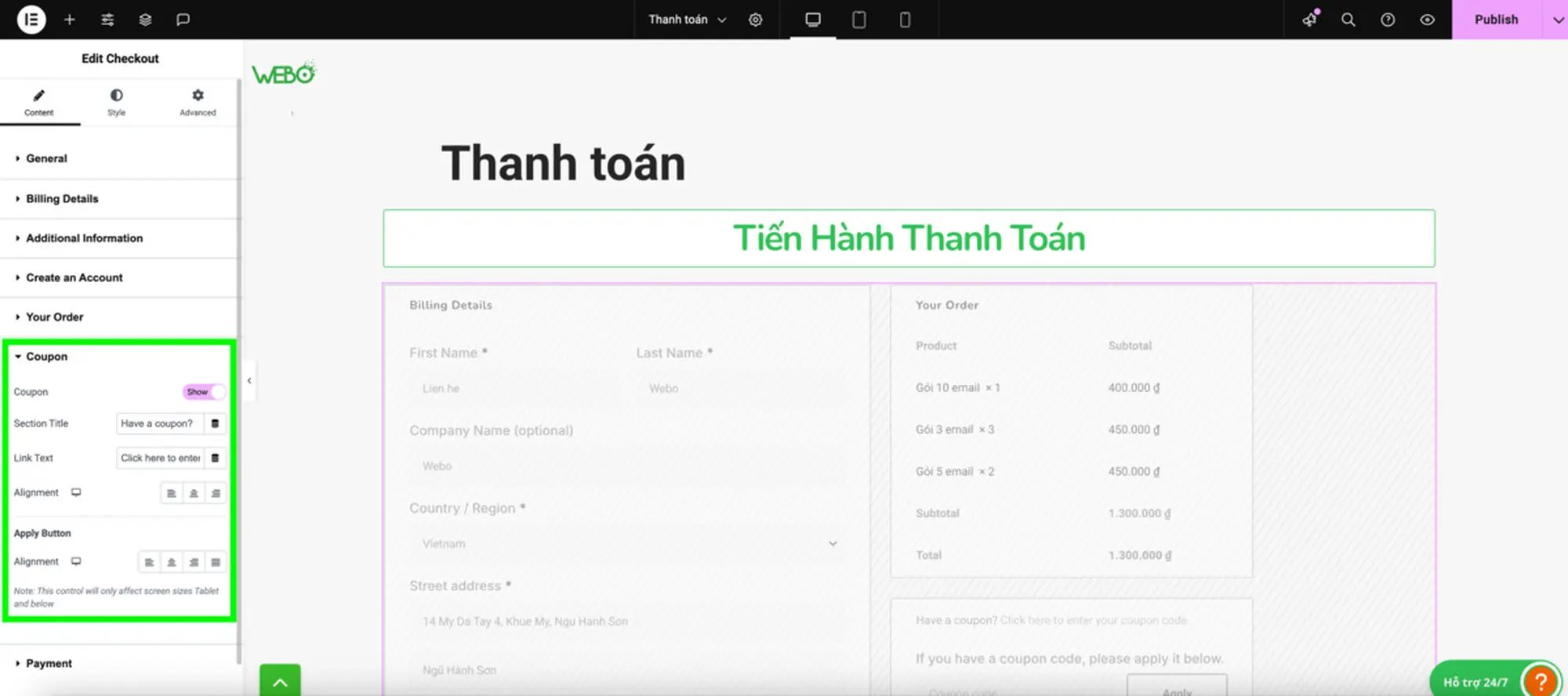 tuỳ chỉnh cài đặt phiếu giảm giá