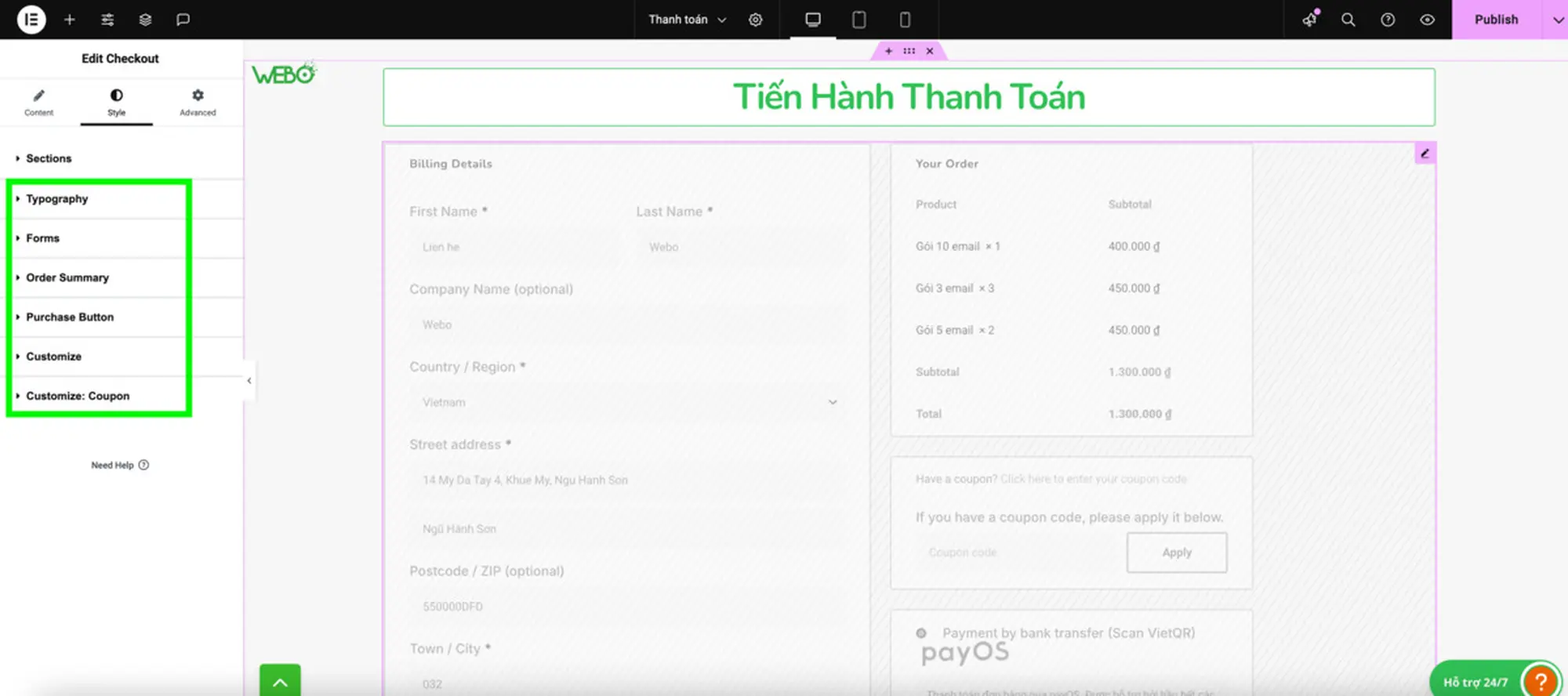 tùy chỉnh giao diện trang thanh toán bằng elementor