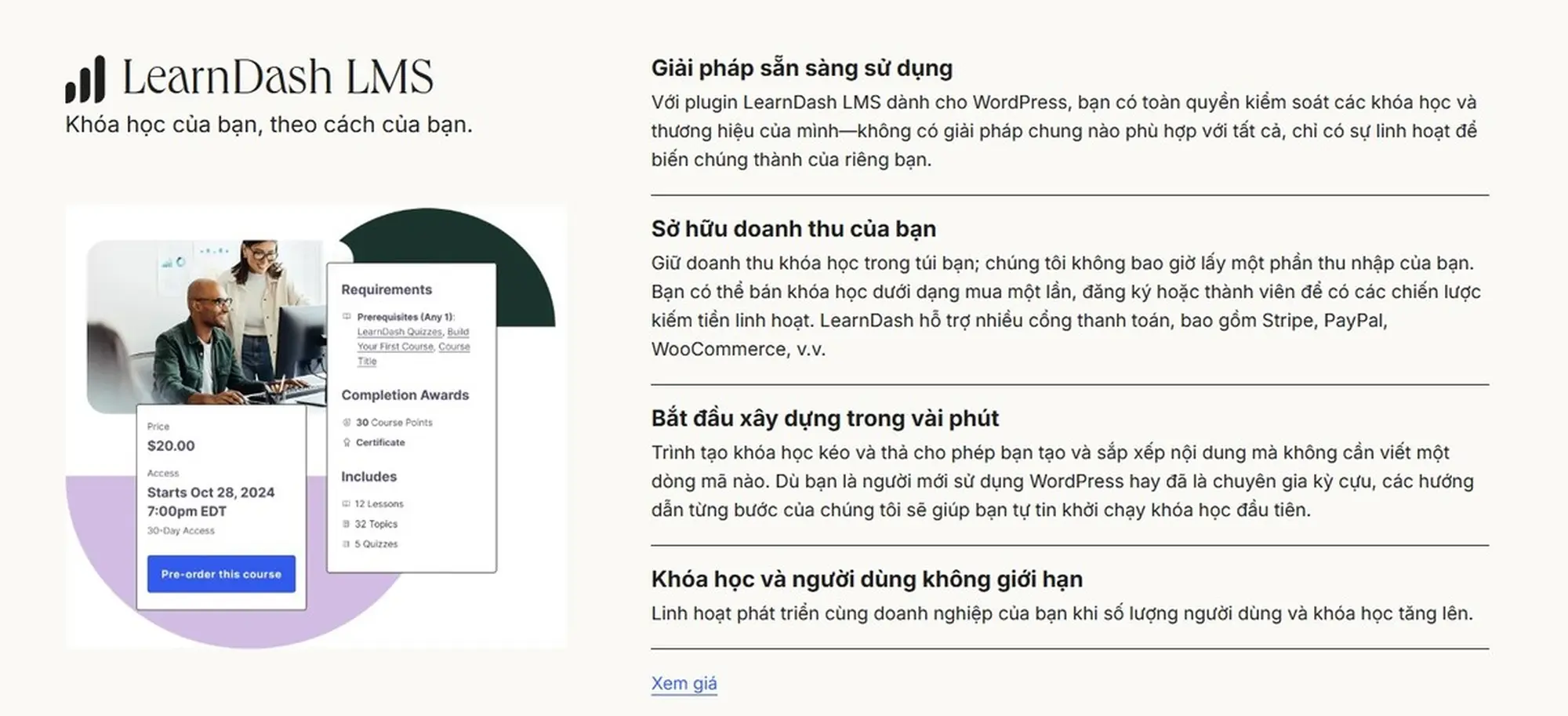 quản lý khóa học linh hoạt